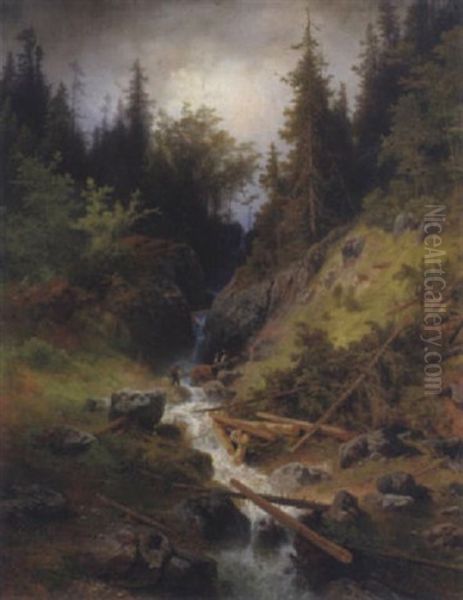 Waldarbeiter Am Gebirgsflus Oil Painting by Josef Holzer