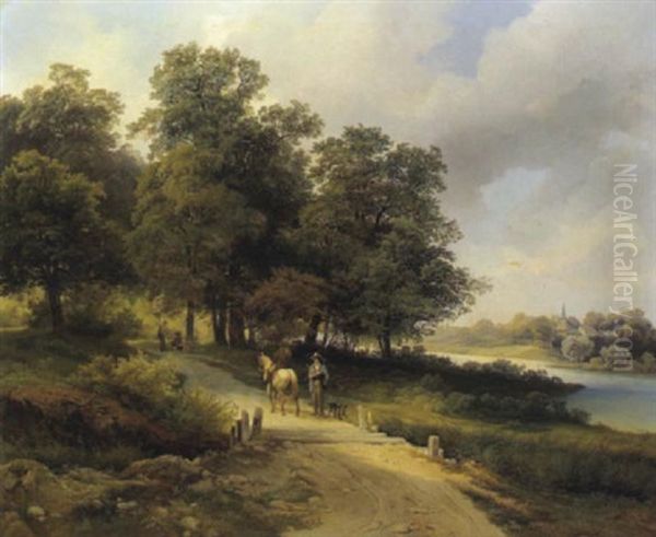 Idyllische Fluslandschaft Mit Figurlicher Staffage Oil Painting by Josef Holzer