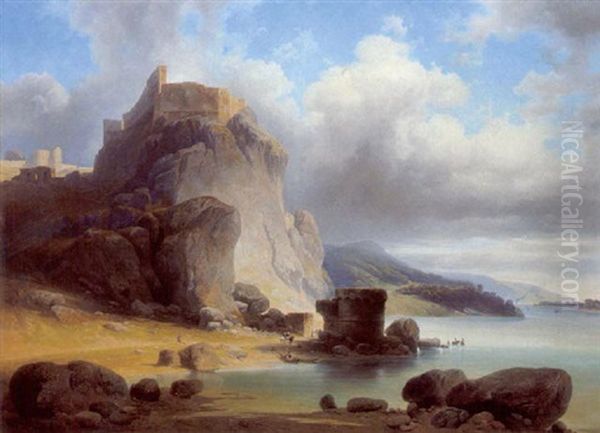 Blick Auf Den Fels Von Theben Mit Burgruinen, Theben An Der Donau Oil Painting by Josef Holzer