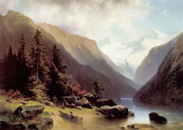 Blick Auf Den Dachstein Mit Figurlicher Staffage Oil Painting by Josef Holzer