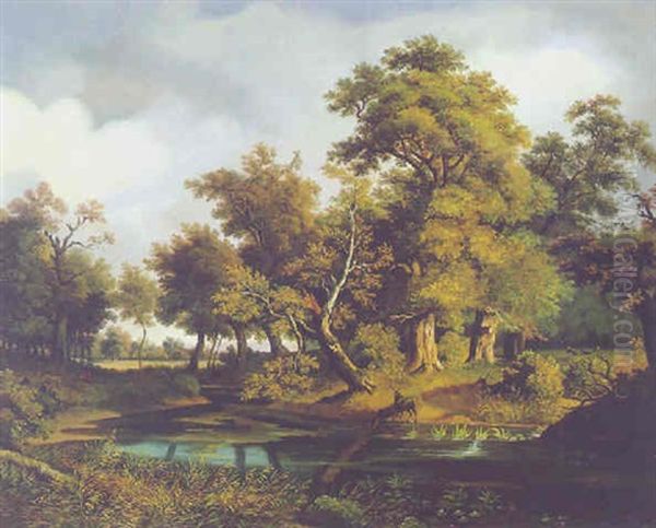 Rotwild Am Weiher Oil Painting by Josef Holzer