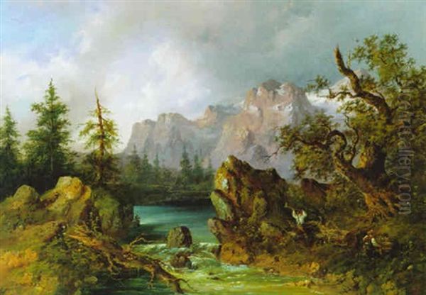 Baumfaller Am Gebirgsseeufer Oil Painting by Josef Holzer