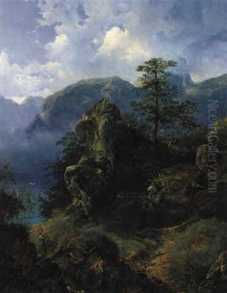 Blick Auf Einen See, Von Gebirgiger Landschaft Umgeben Oil Painting by Josef Holzer