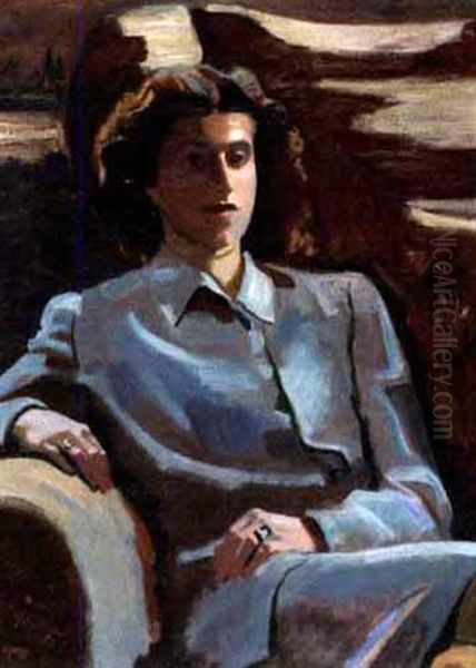 Junge Frau In Blaugrauem Kostum Oil Painting by Rudolf Holzinger