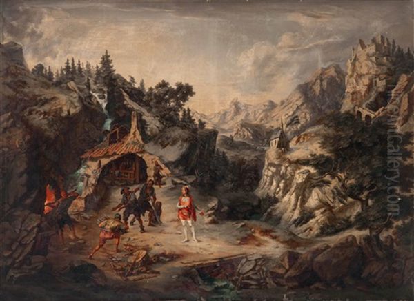 Ein Furst Mit Schmieden In Phantastischer Gebirgslandschaft Mit Bergschloss Oil Painting by Josef Hoelzl