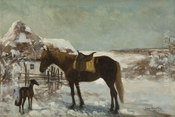 Horse In Winter Landscape Oil Painting by Julius Holzmueller