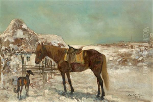 Rastendes Pferd Und Hund Vor Einem Bauernhaus Oil Painting by Julius Holzmueller