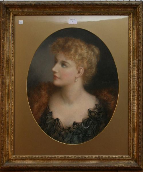 Portrait Of A Young Lady Wearing A Fur Stole And Black Lace Dress Oil Painting by Emily Barnard