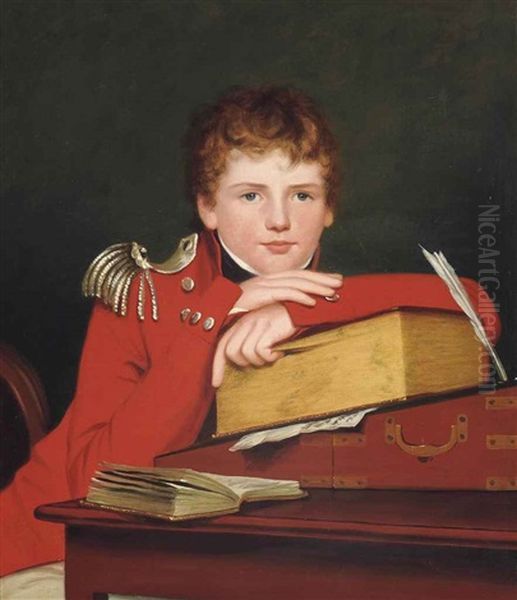 Portrait Of A Boy, Half-length, In Uniform, Leaning On A Book On A Writing Desk Oil Painting by Robert Home