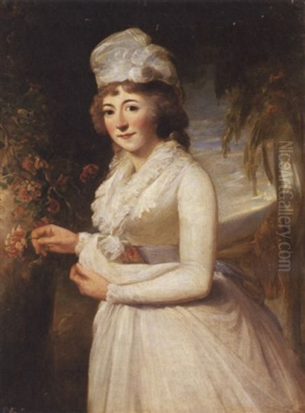 Portrait Of A Lady Standing In A Landscape And Wearing A White Dress And Bonnet Oil Painting by Robert Home