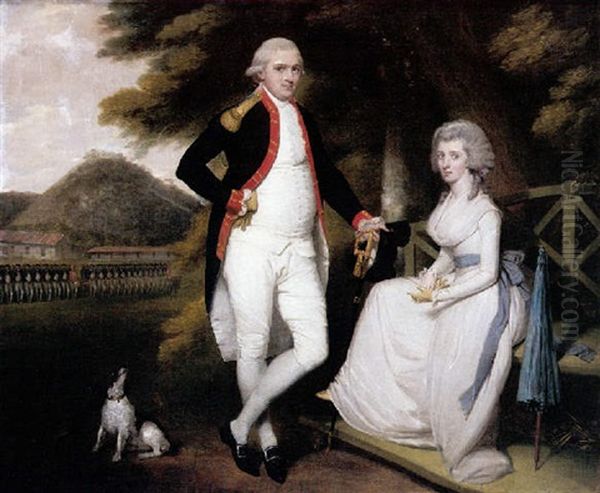 Portrait Of Colonel William Sydenham Wearing Uniform With His Wife Amelia Wearing A White Dress Oil Painting by Robert Home