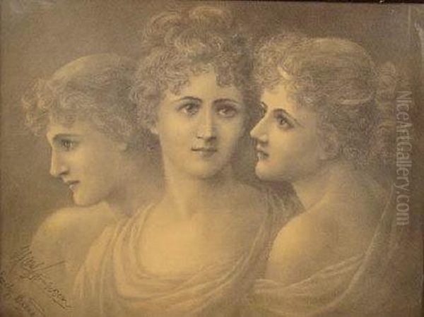 A Study Of Three Female Heads, Bust Length Oil Painting by Emily Barnard