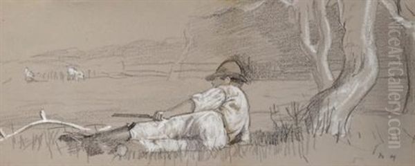 Noon-day Rest And Two Men Scything: A Double-sided Drawing Oil Painting by Winslow Homer