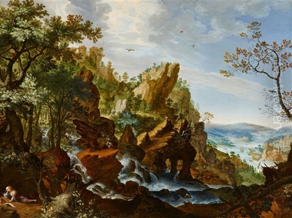 Rocky Landscape With The Penitent Mary Magdalene Oil Painting by Gillis Claesz De Hondecoeter