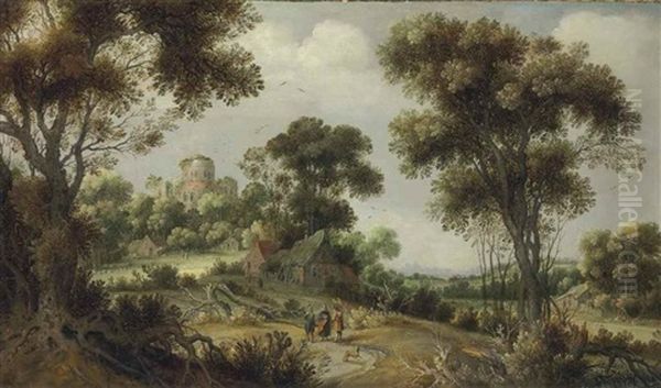 An Extensive Wooded Landscape With Christ On The Road To Emmaus Oil Painting by Gillis Claesz De Hondecoeter