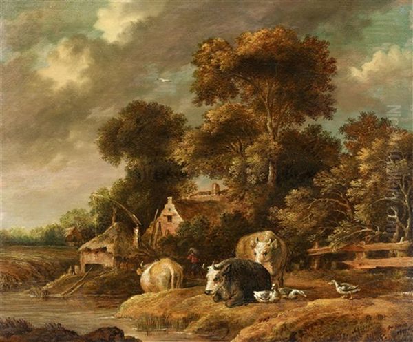 Landscape With Cows And Ducks By A Pond Oil Painting by Gillis Claesz De Hondecoeter