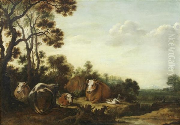 Cattle Resting In An Extensive River Landscape Oil Painting by Gillis Claesz De Hondecoeter