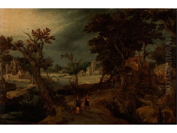 Baumlandschaft Mit Gebauden Und Figurenstaffage Oil Painting by Gillis Claesz De Hondecoeter