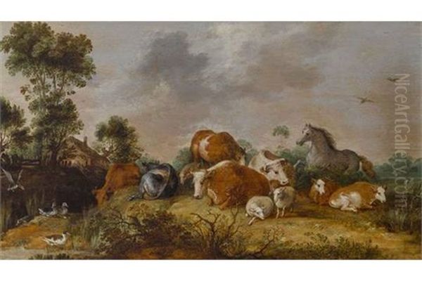 Weidelandschaft Mit Vieh, Einem Pferd Und Enten Oil Painting by Gillis Claesz De Hondecoeter