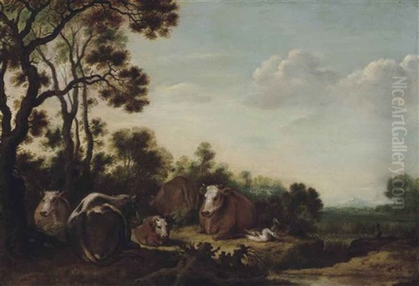 Cattle Resting In A Landscape Oil Painting by Gillis Claesz De Hondecoeter