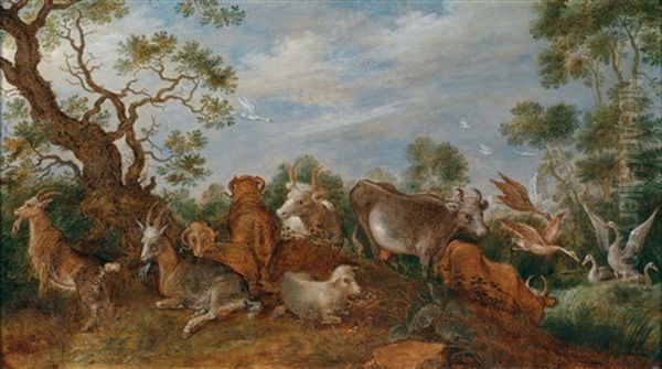 Ziegen, Kuhe Und Ganse In Einer Bewaldeten Landschaft Oil Painting by Gillis Claesz De Hondecoeter