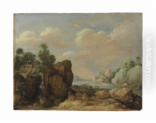 A Landscape With An Estuary And A Deer Oil Painting by Gillis Claesz De Hondecoeter