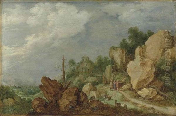 A Rocky Landscape With Christ On The Road To Emmaus Oil Painting by Gillis Claesz De Hondecoeter