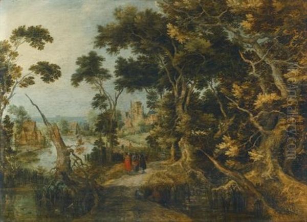 A Landscape With Christ And His Disciples On The Road To Emmaus Oil Painting by Gillis Claesz De Hondecoeter