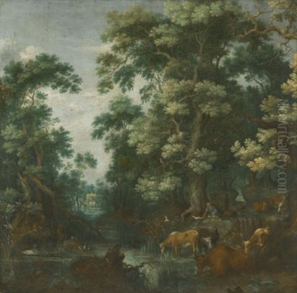 A Wooded Landscape With Deer And Cattle By A River, A Sleeping Herdsman Nearby Oil Painting by Gillis Claesz De Hondecoeter