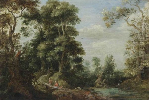 A Wooded Landscape With Travellers And A Herdsman With His Flock, A Village Beyond Oil Painting by Gillis Claesz De Hondecoeter