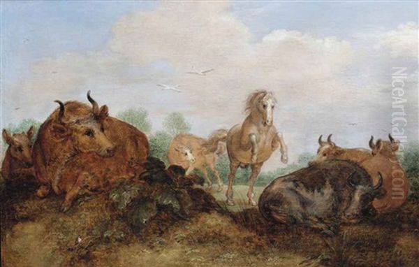 A Landscape With A Horse And Cows Oil Painting by Gillis Claesz De Hondecoeter