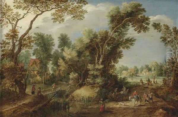 A Wooded Landscape With Peasants And Travellers On A Path, A Village Beyond Oil Painting by Gillis Claesz De Hondecoeter