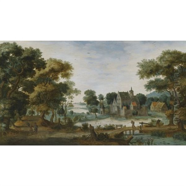 A Wooded River Landscape, With Tobias And The Angel To The Left And A Man Crossing A Bridge To The Right Oil Painting by Gillis Claesz De Hondecoeter