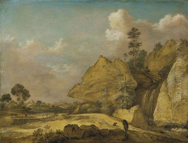 A Rocky River Landscape, With Travelers And A Dog Oil Painting by Gillis Claesz De Hondecoeter