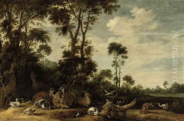 Deer, A Goat, A Fox, A Cat, Ducks And Other Birds In A Wooded Landscape Oil Painting by Gillis Claesz De Hondecoeter