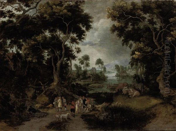 A Wooded River Landscape With Figures Conversing On A Path, A Village Beyond Oil Painting by Gillis Claesz De Hondecoeter