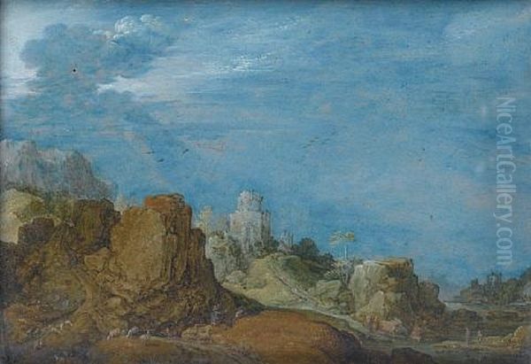 An Extensive Landscape With Drovers Watering Their Cattle (+ A Rocky River Landscape With A Traveller Crossing A Bridge; Pair) Oil Painting by Gillis Claesz De Hondecoeter