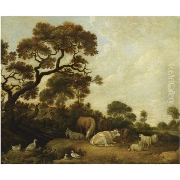 Horses, Cows, A Goat And Sheep In A Wooded Landscape, Near A Pond With Ducks Oil Painting by Gillis Claesz De Hondecoeter