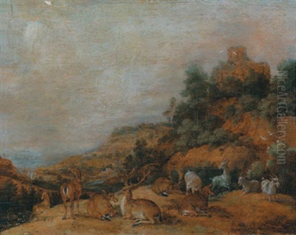 Berglandschaft Mit Lagerndem Rotwild, Ziegen Und Einer Burg Oil Painting by Gillis Claesz De Hondecoeter