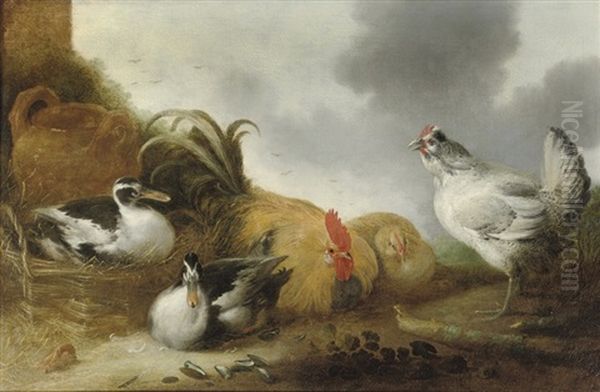 A Rooster, Chickens And Ducks In A Landscape Oil Painting by Gillis Claesz De Hondecoeter