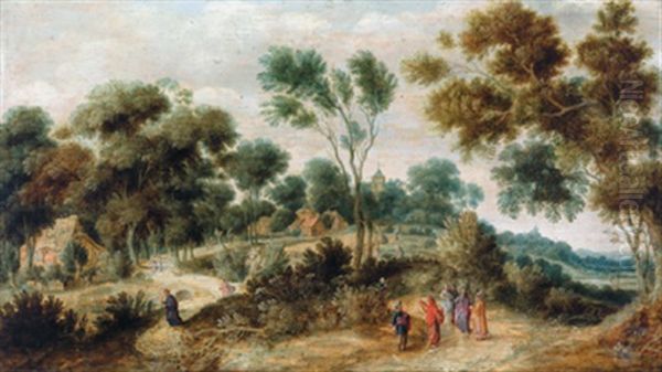 Bewaldete Landschaft Mit Hausern, Einem Turm Und Christus Mit Pharisaern Diskutierend Oil Painting by Gillis Claesz De Hondecoeter