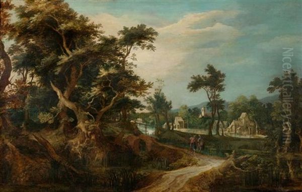 Bewaldete Landschaft Mit Dorf Und Zwei Wanderern Oil Painting by Gillis Claesz De Hondecoeter