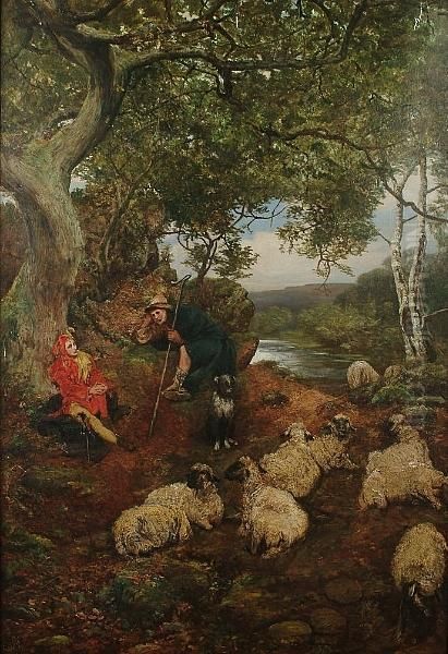 Jester And Shepherd With Flock By A River Oil Painting by Frederick Barnard