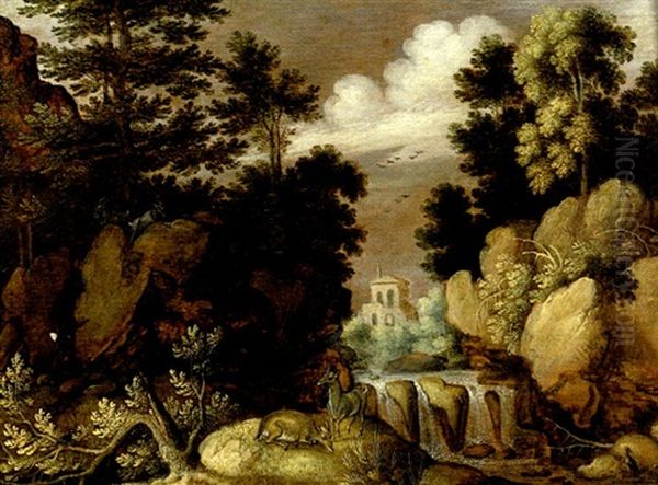 Paysage De Foret Aux Rochers Oil Painting by Gillis Claesz De Hondecoeter