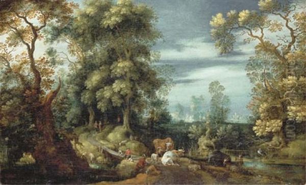 A Wooded Landscape With Peasants, Shepherds And Animals On A Path By A Bridge, A Village In The Distance Oil Painting by Gillis Claesz De Hondecoeter