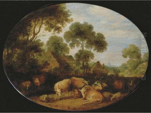 Cows And Sheep Resting In A Wooded Landscape Near Farmhouses, A Church Tower In The Distance Oil Painting by Gillis Claesz De Hondecoeter