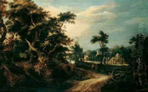 Bewaldete Landschaft Mit Einem Dorf Und Zwei Wanderern Oil Painting by Gillis Claesz De Hondecoeter