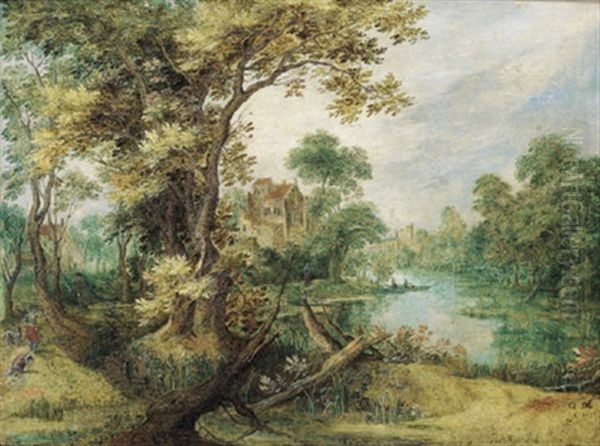 Bewaldete Flusslandschaft Mit Einem Jager Mit Zwei Hunden Und Bootfahrern Oil Painting by Gillis Claesz De Hondecoeter