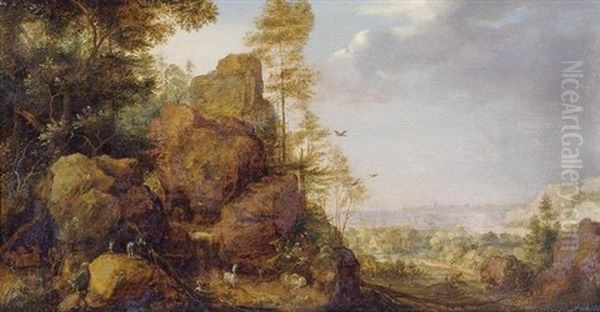 A Mountainous Landscape With A Rocky Outcrop By The Edge Of A Wood, Goats And A Reindeer Resting By A Waterfall, A Village In An Extensive Landscape Beyond Oil Painting by Gillis Claesz De Hondecoeter