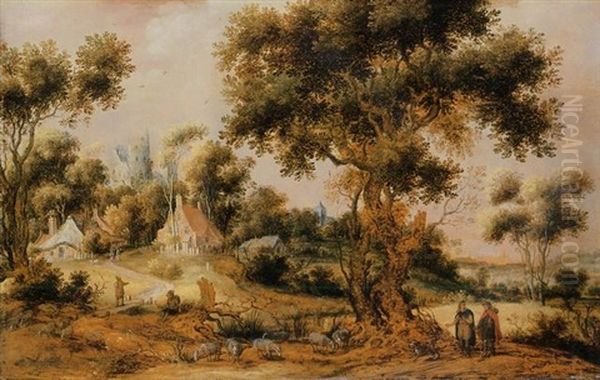 A Wooded Landscape With Travellers On A Path Approaching A Village Oil Painting by Gillis Claesz De Hondecoeter